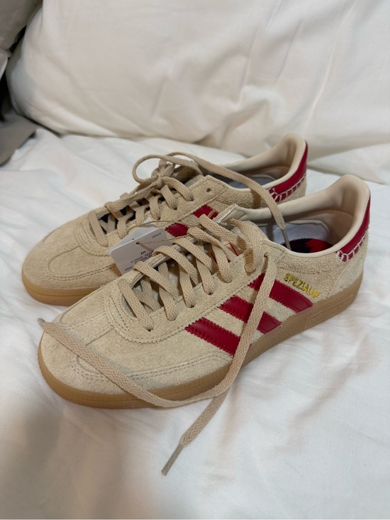 adidas Shoes - adidas Handball Spezial Beige Suede Sneakers with Red Stripes